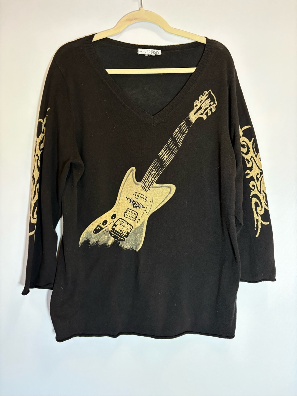 RBX Black V-Neck Sweater with Gold Guitar Graphic